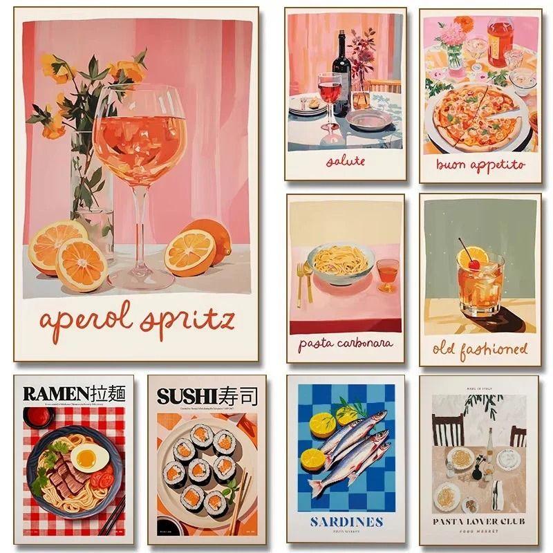 Mediterranean Aperitivo Wall Art Aperol Spritz, Negroni & Wine Cocktail Posters Modern Sardine & Pizza Kitchen Decor style 14 8x12 In