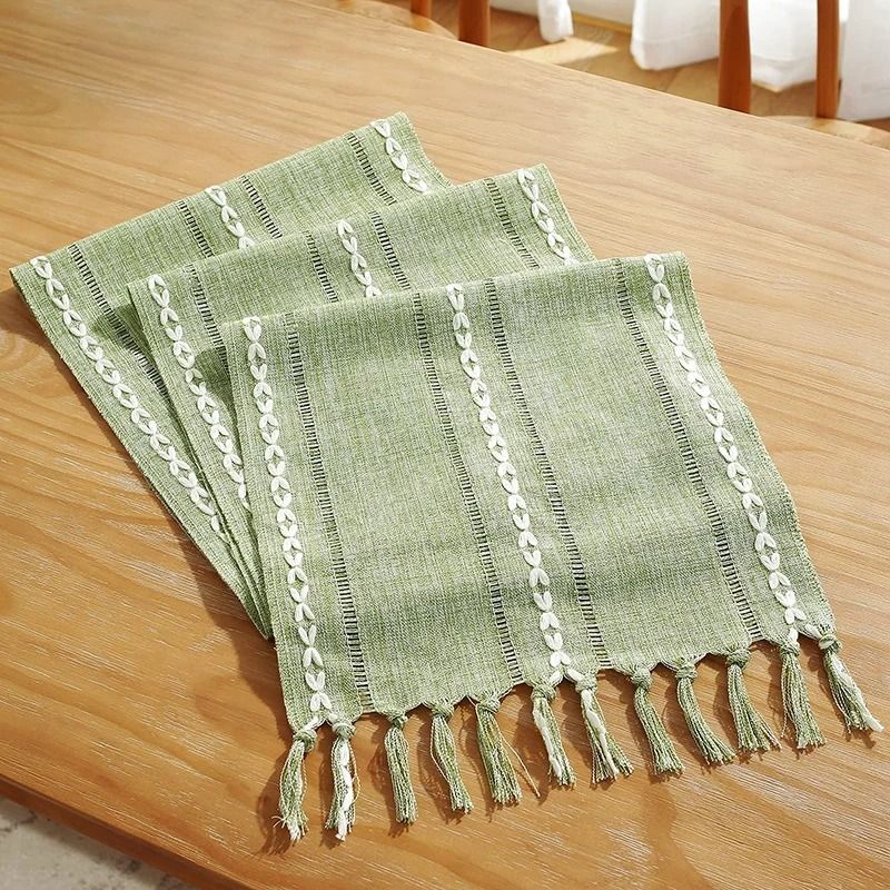 Green Boho Table Runner With Tassels Farmhouse Cotton Linen Dining Decor b 35x160 Cm one Piece