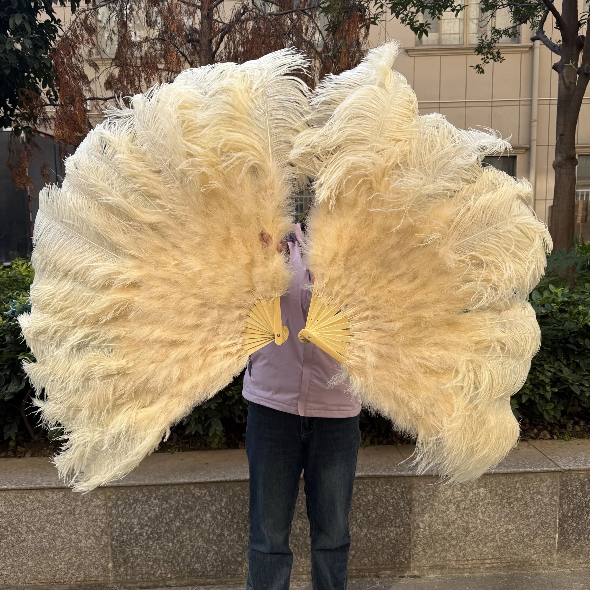 Luxury Ostrich Feather Fan Large Folding Dance Fan For Stage, Carnival & Performance deep Beige 39.37 In 2 Pcs