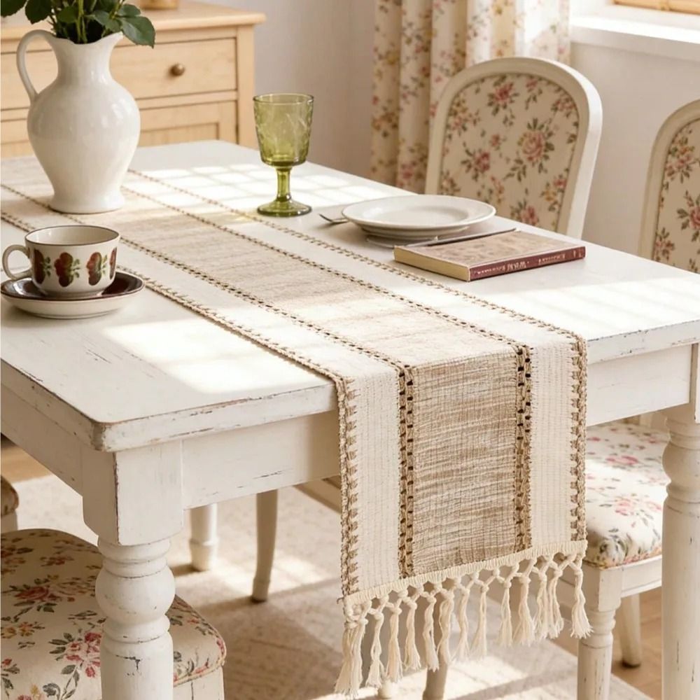 Nordic Boho Striped Green Table Runner | Hand Woven Tassel Decor | Rustic Spring Home & Coffee Table Runner blue 30 X 220 Cm (4 6seats)