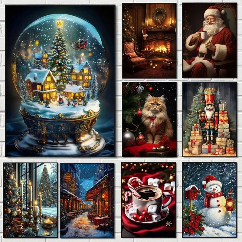 Classic Traditional Christmas Wall Art | Santa Claus & Tree Gift Poster Canvas Painting 23 50 X 70 Cm