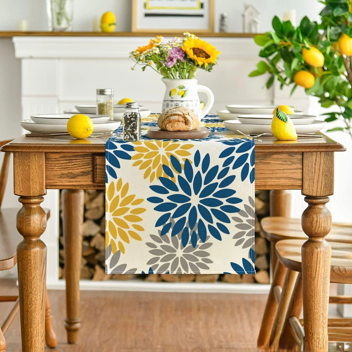 Blue Dahlia Floral Linen Table Runner Summer Spring Seasonal Dining Table Decor 7 78.7 X 13 In