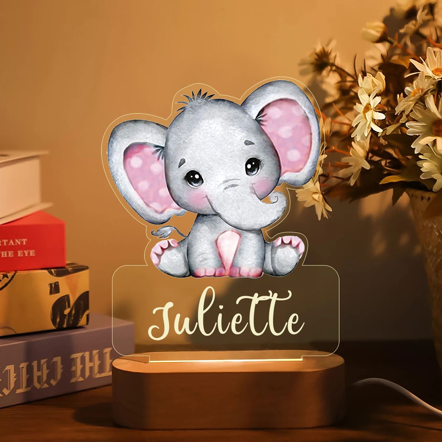 Personalized Animal LED Night Light Custom Name Acrylic Lamp For Kids Bedroom & Baby Gift 17elephant warm Light