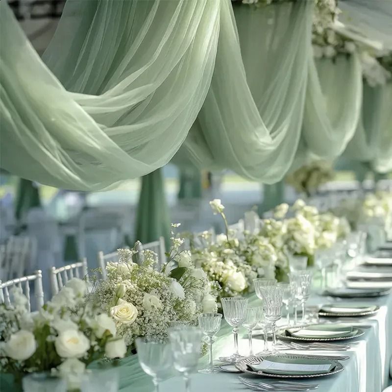 Elegant Gauze Table Runner Sheer Boho Wedding Table Decor For Events light Green 75x300 Cm one Piece