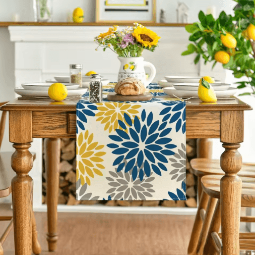 Blue Dahlia Floral Linen Table Runner Elegant Spring & Summer Table Decor 5 180x33cm 70.8x13inch