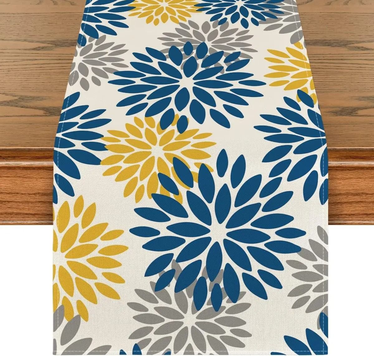 Blue Dahlia Floral Summer Table Runner | Seasonal Spring Linen Dresser Scarf 180 X 33 Cm 70.8 X 13 In 8
