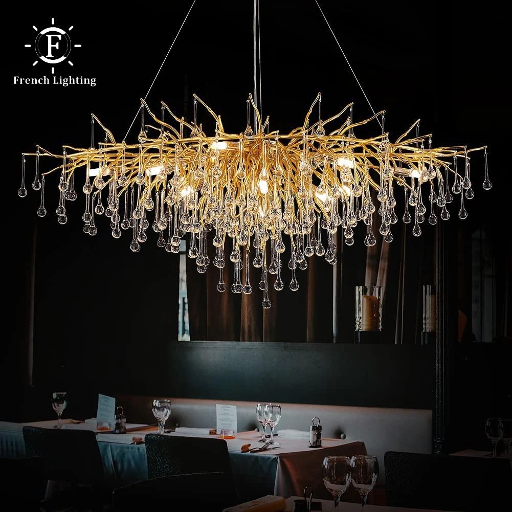 Nordic Gold Crystal LED Chandelier Luxury K9 Water Drop Ceiling Light Fixture For Living Room & Bedroom long 160cm gold Body warm White