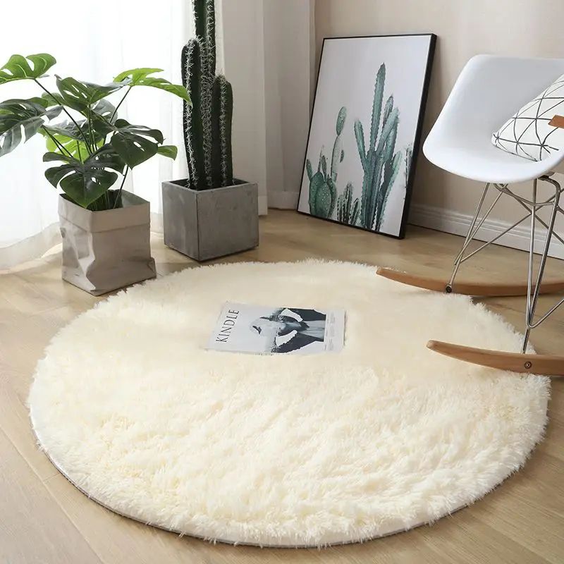 Fluffy Round Plush Area Rug Non Slip Soft Carpet For Living Room & Kids Bedroom Decor white 63.0 In