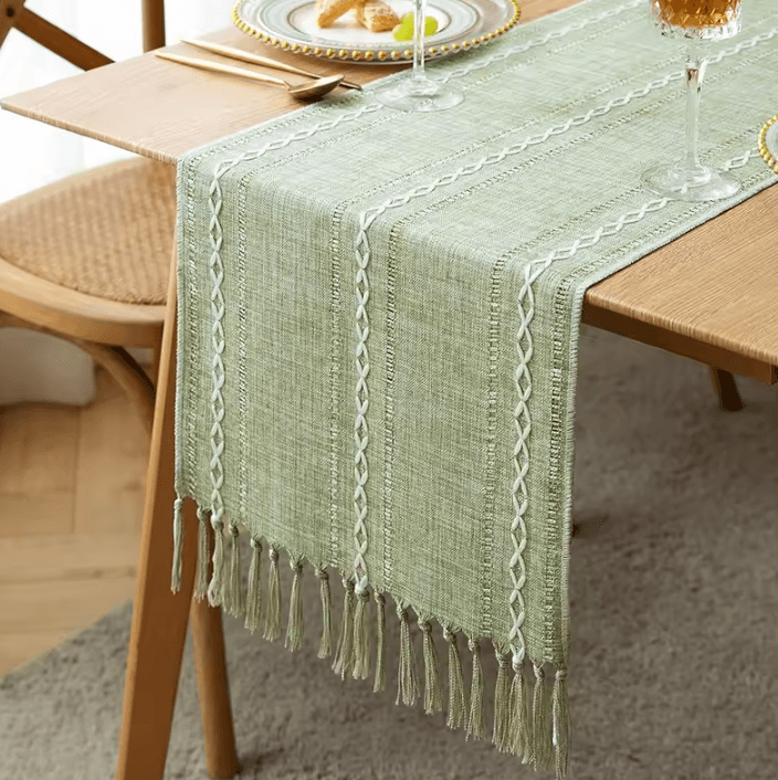 Boho Green Table Runner With Tassels Rustic Cotton Linen Farmhouse Dining Decor grey B 35x140cm 1pc