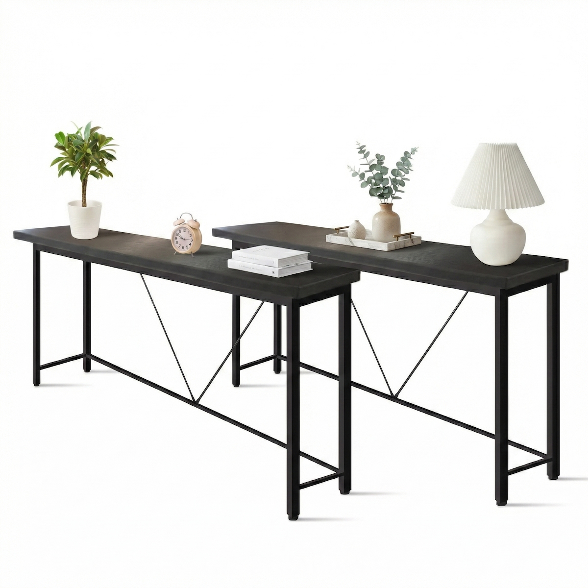 IvoQ Sidetables - 2er-Set - Schwarz - Schmale industrielle Konsolentische - 120x23 cm - Flurtische Image