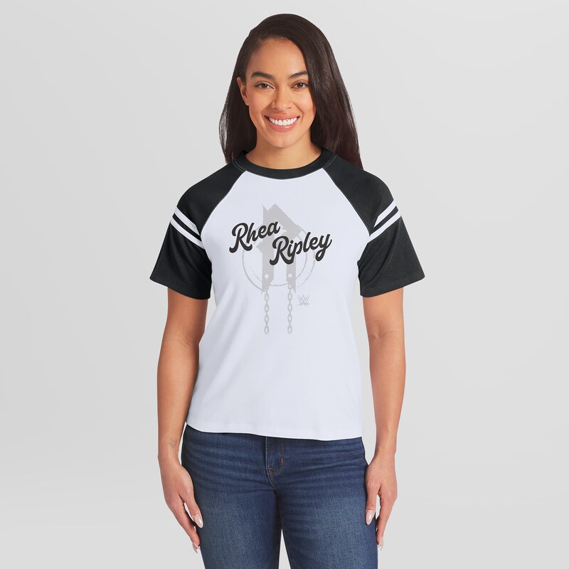 "Damen-T-Shirt „Rhea Ripley“ von Women's WEAR by Erin Andrews, weiß, gestreift, Raglan-Design" Image
