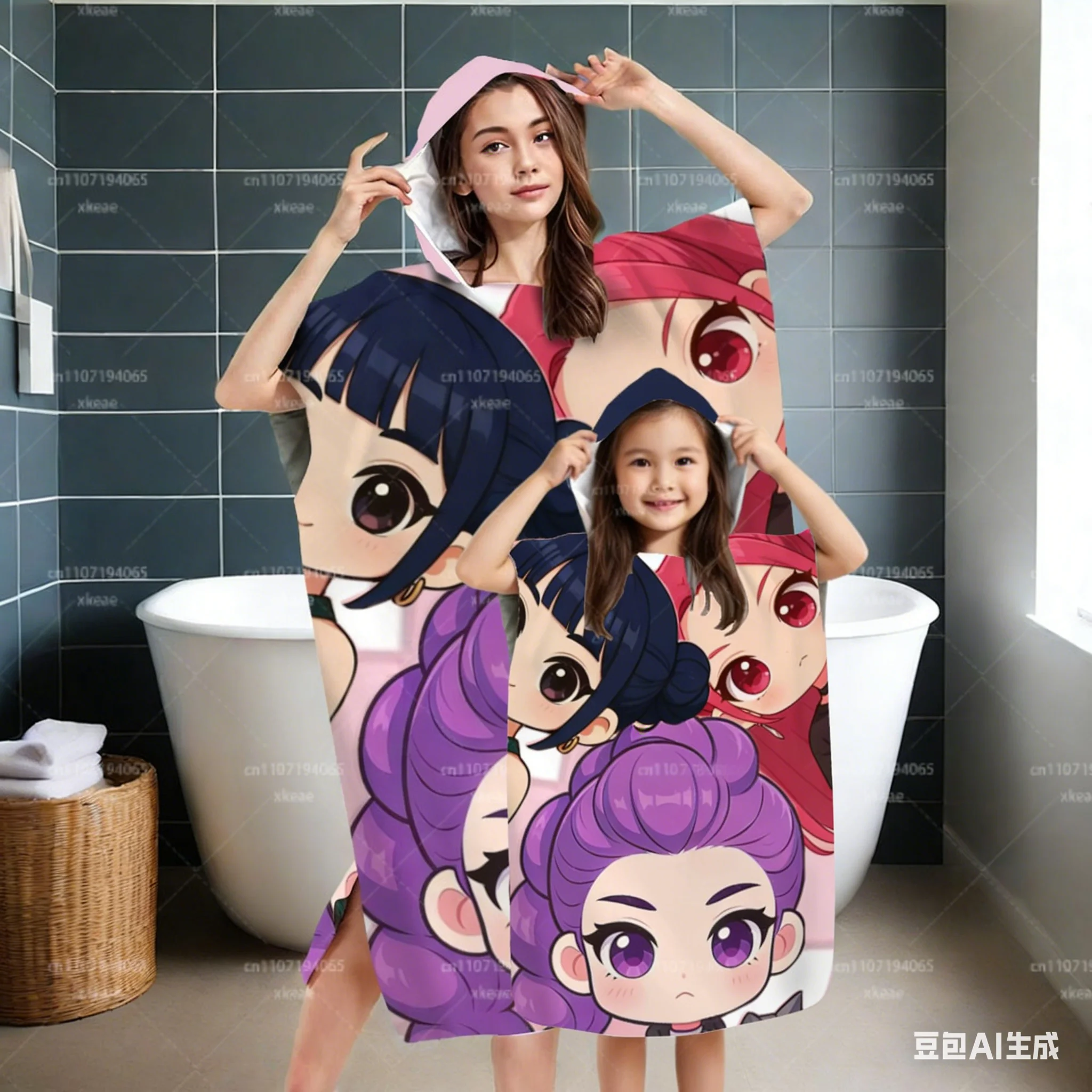 Chibi Anime Mädchen Kapuzen-Bademantel, Niedliche Lila-Rot-Blaue Charaktere Mikrofaser-Strandtuch, Familien-Partnerlook Badeponcho
