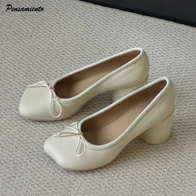 Modische Damen-Pumps mit eckiger Zehenpartie, Schleife, weichem Leder, klobigem Absatz, Ballett-Stil, bequeme, dicke High Heels, lässige Loafer-Schuhe Image