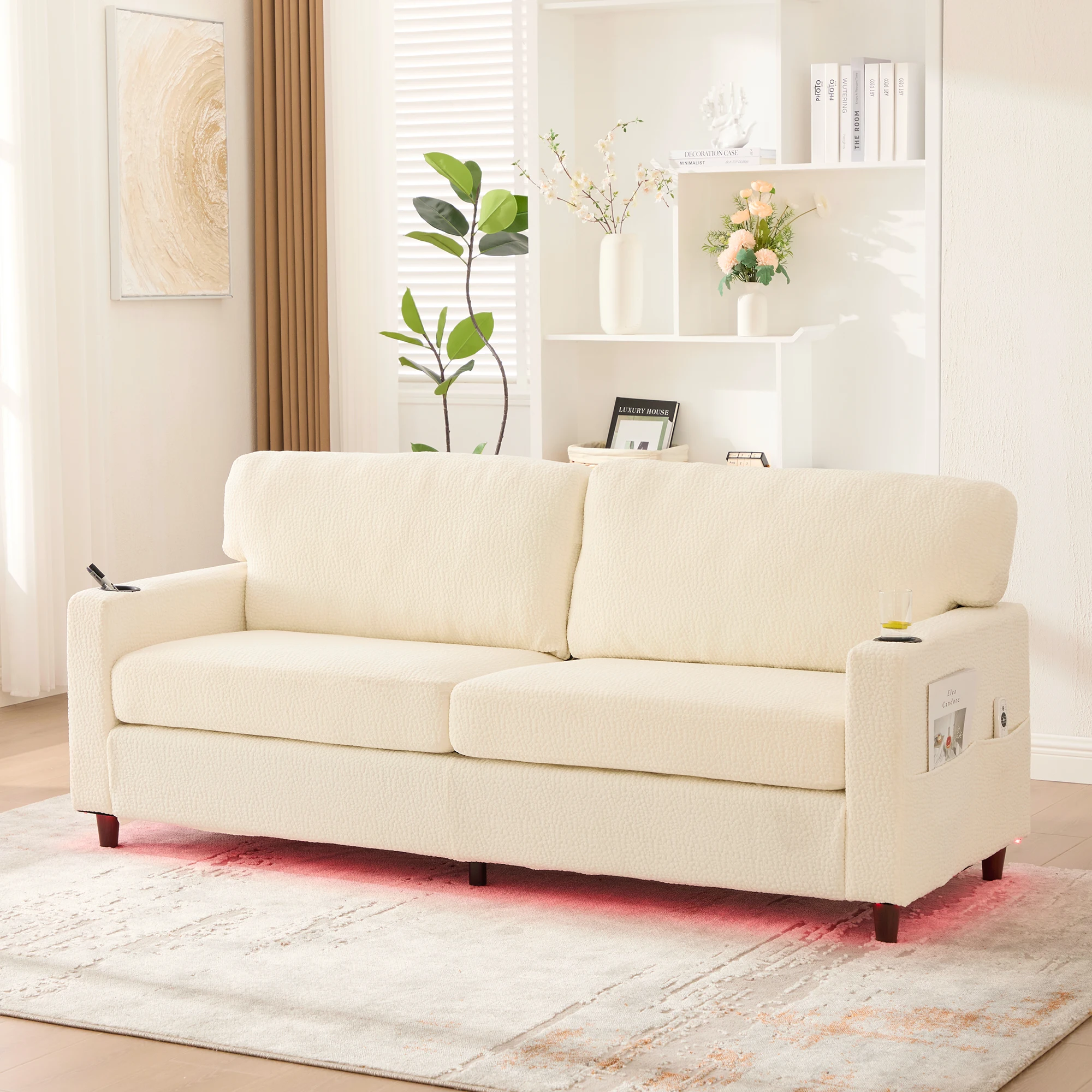 Zeitgemäßes 2-Sitzer-Sofa mit Stauraum und USB-Anschlüssen, Chenille, Beige Image