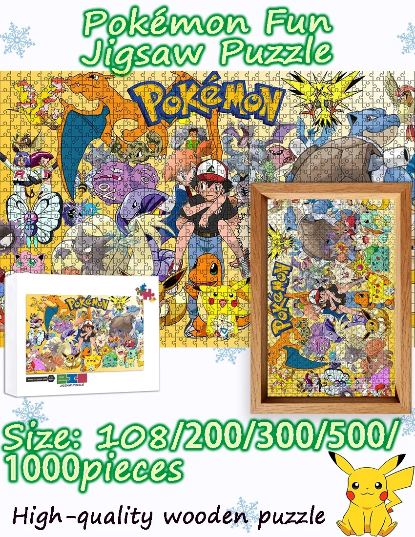 Pokemon Pikachu 108/200/300/500/1000 Teile Holzboden-Puzzlespiel, tragbares, hochwertiges Partygeschenk, Spaß garantiert Image