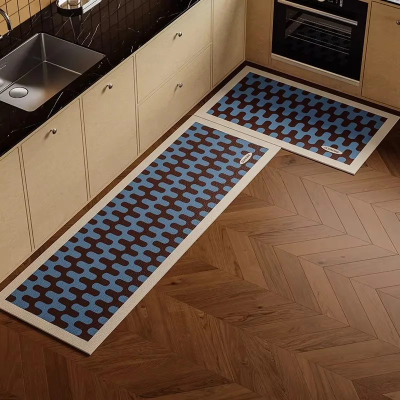 Retro-Küchenteppich, PVC, wasserdicht, Leder-Teppich, blau gestreift, lange Bodenmatte, ölbeständig, rutschfest, Heimdekoration, Alfombra De Cocina Image