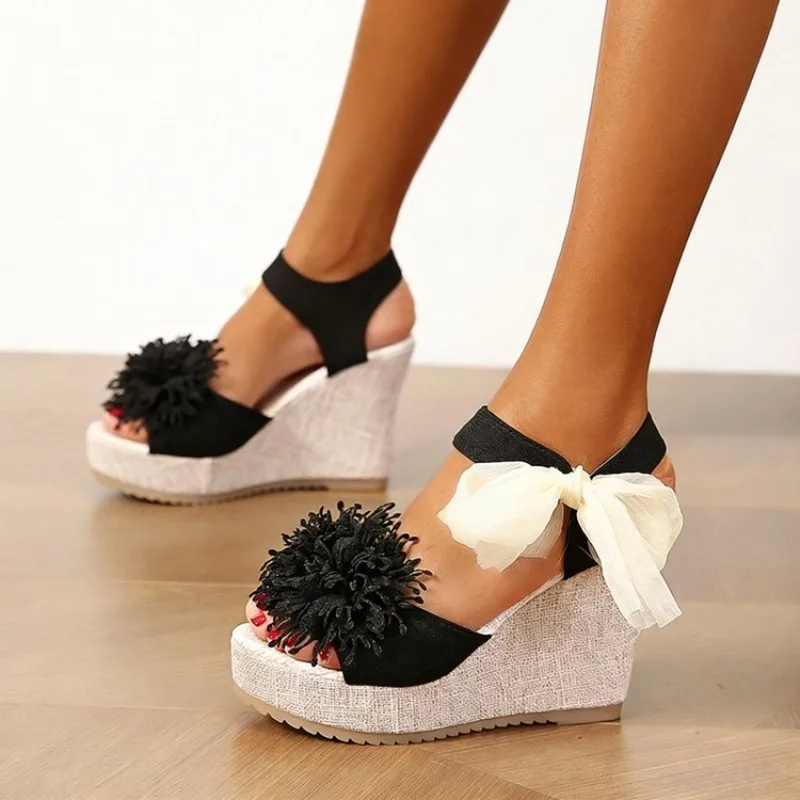 2026 Damen-Sandalen mit Blumenmuster, Schleifendekoration, Plateau-Keilabsatz, Espadrilles, Plateau-Schleife, Hohe Absätze, Damenschuhe