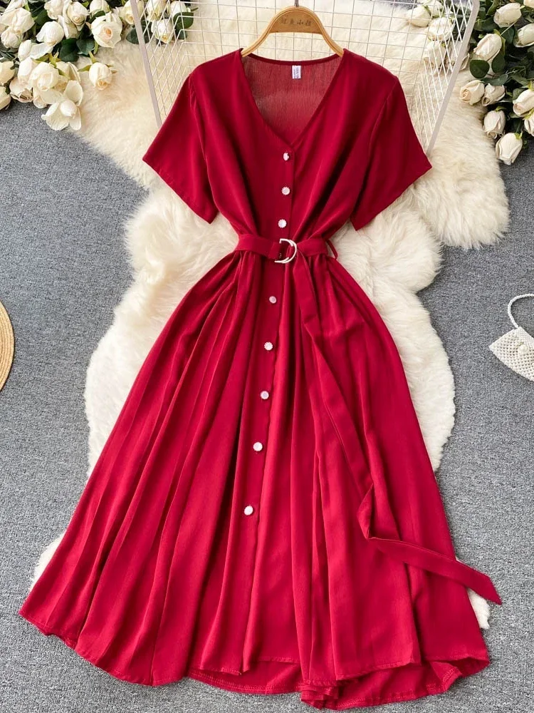 Sommer Vintage V-ausschnitt Einreiher Midi Kleid Für Frauen Elegante Kurzarm Hohe Taille A-Line Schlank Grün/Rot/lila Vestidos