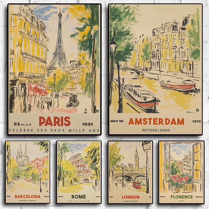 Vintage 1950er Reise-Stadtlandschaftsskizze Paris Barcelona London Ästhetisches Poster Leinwandgemälde Wandkunst Bilder Heim-Dekoration