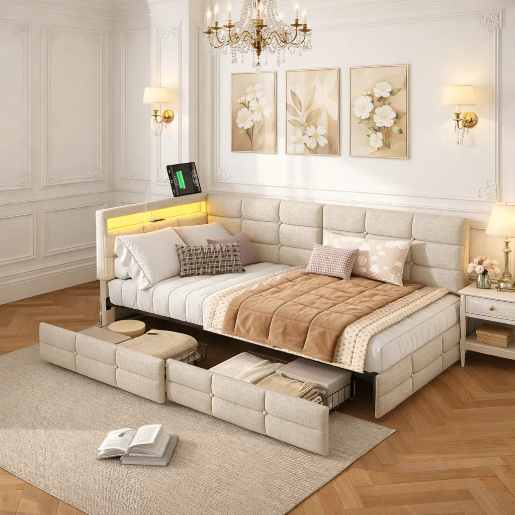 Polsterbett 90x200 cm mit Schubladen Stauraum, Tagesbett Schlafsofa mit LED und USB, Bettgestell mit Lattenrost Leinen, Kinderbett Jugendbett Funktionsbett, platzsparendes Gästebett Multifunktionsbett