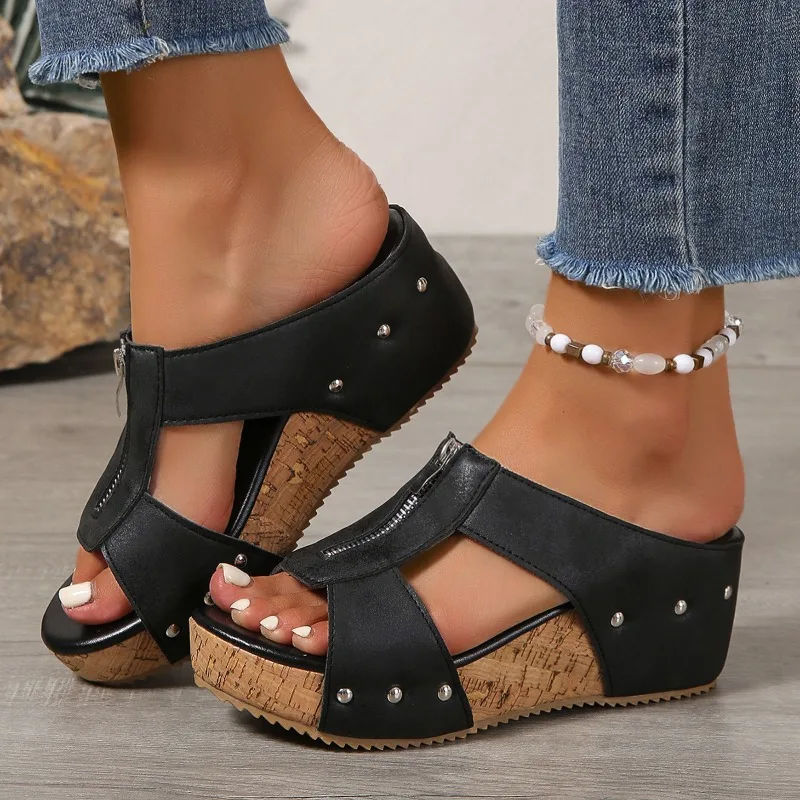 Sommer-Sandalen für Damen, Modische Keilabsatz-Schuhe, Übergrößen-Pantoletten, Atmungsaktive Absatzschuhe für Frauen, Damenschuhe