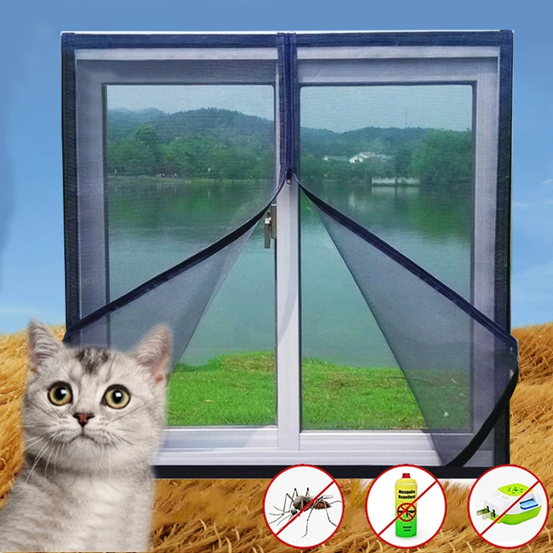 Schwarzes, mehrteiliges Moskitonetz für Fenster, Fenstergitter mit Reißverschluss, selbstklebendes Fenstergitter, Moskitonetz, im Sommer waschbar