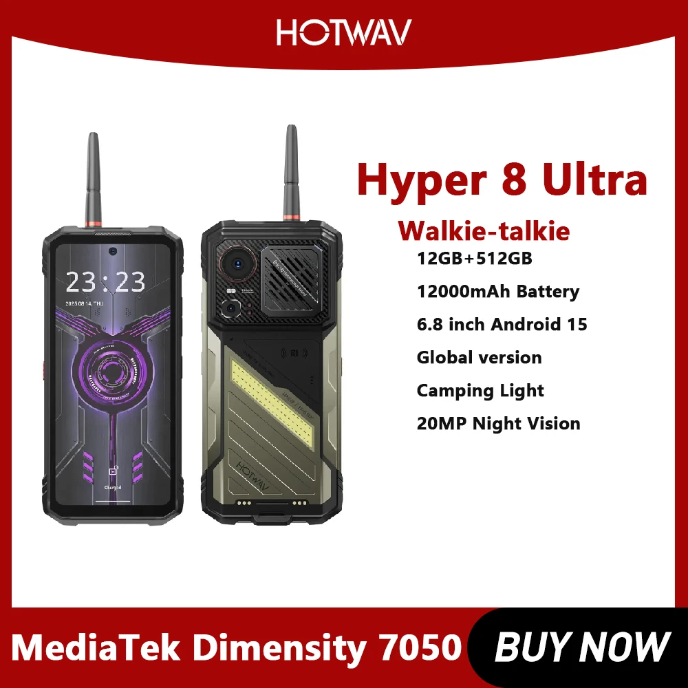 HOTWAV Hyper 8 Ultra Walkie-Talkie Robustes Telefon Android 1512 GB + 512 GB 6,8 Zoll MediaTek MT8791 Abmessung 7050 5G NFC Smartphone