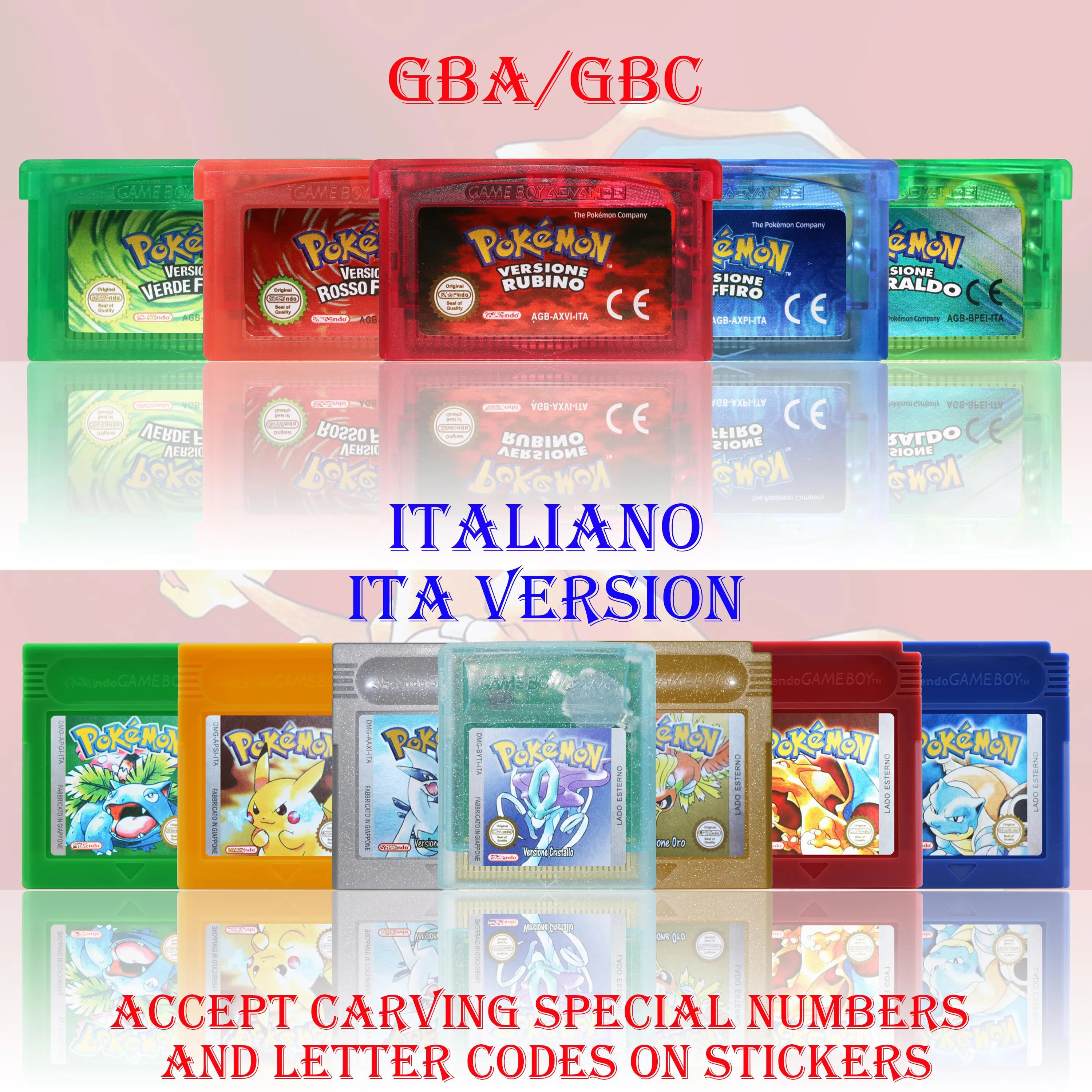 GBA/GBC ITA Version Pokemon Rubino/Zaffiro/Smeraldo/Cristallo/Verde Spielkassette Videospielkarte Hohe Qualität mit Batterie Image