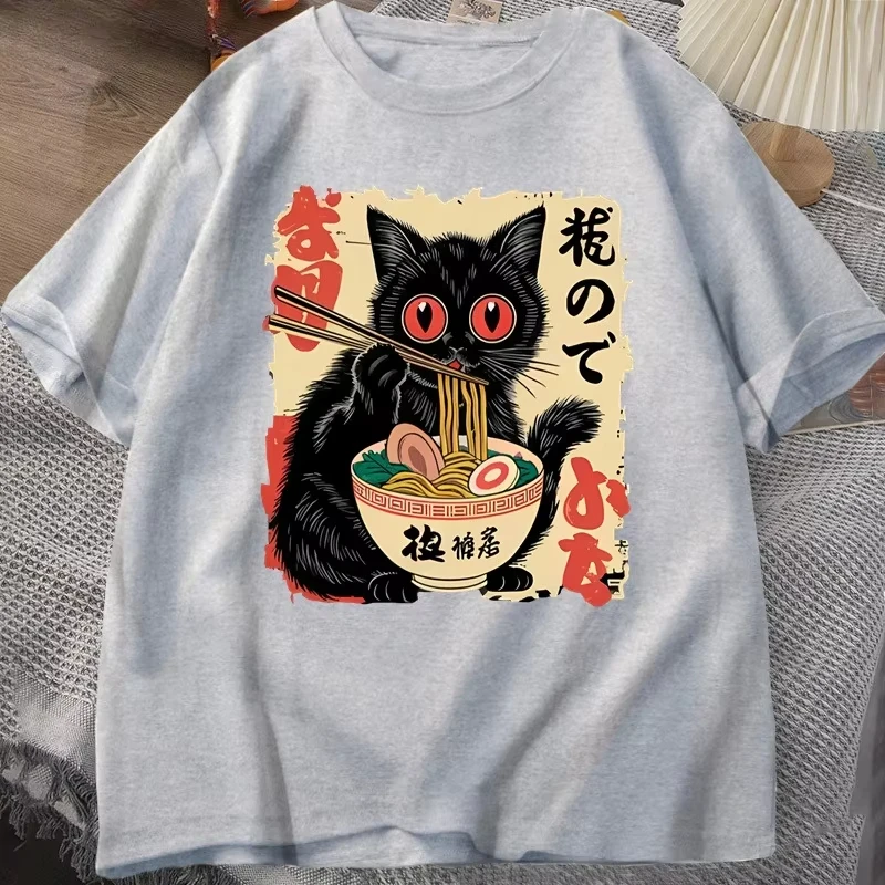 Vintage japanische schwarze Katzen-Ramen-T-Shirts, niedliches Grafik-T-Shirt, lustiges Katzen-Essen-Ramen-T-Shirt, bedruckt, Baumwolle, kurzärmelig, Vintage