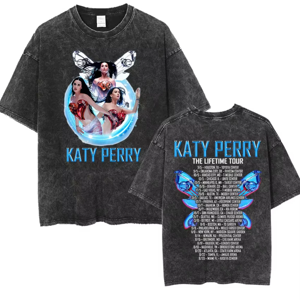 Gewaschene Vintage Katy Perry The Lifetimes Tour 2026 T-Shirts mit doppelseitigem Aufdruck für Männer und Frauen, Sommer, lässige Mode, übergroßes T-Shirt