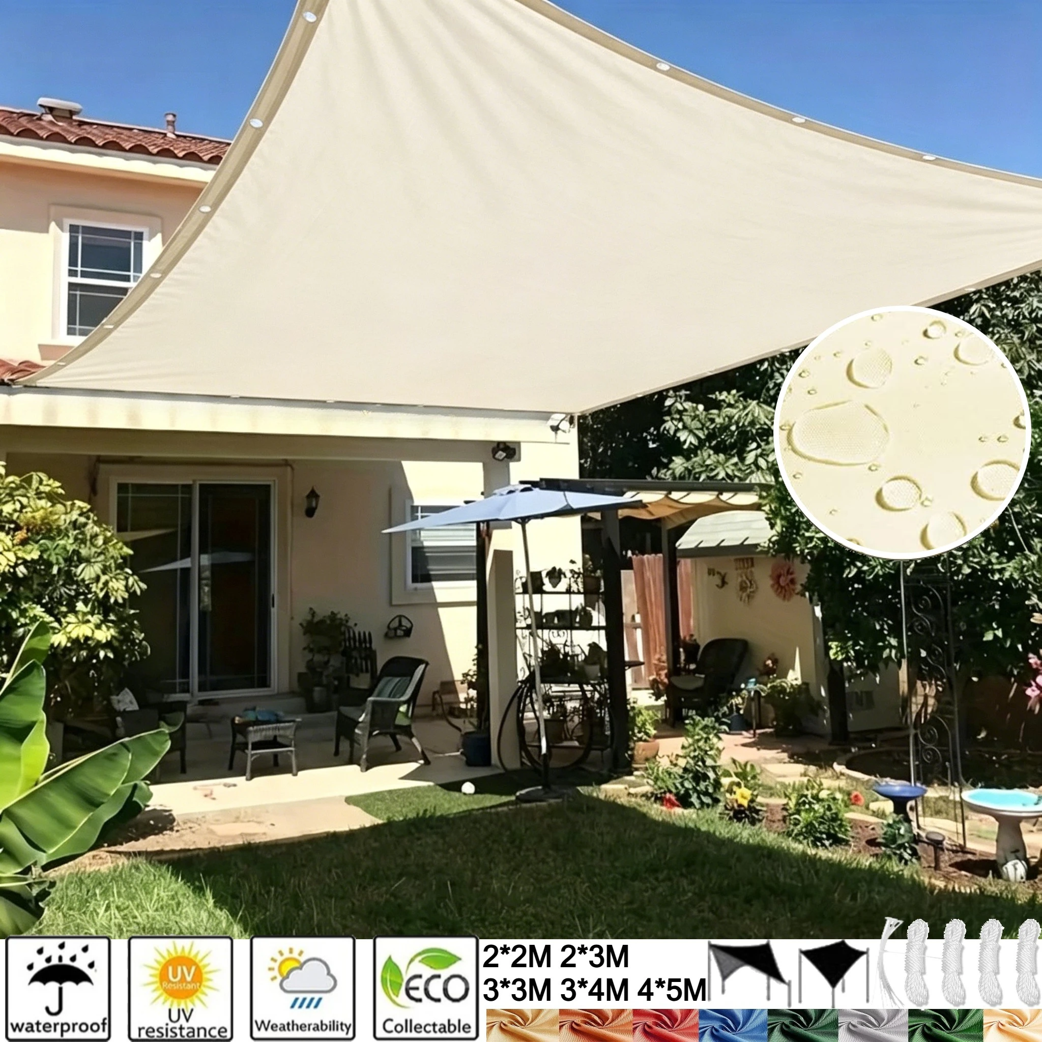 Wasserdichtes UV-Schutz-Sonnensegel mit Ösen 2/3/4/5M für Garten, Pool und Terrasse – Sonnenschutzplane für den Außenbereich Image