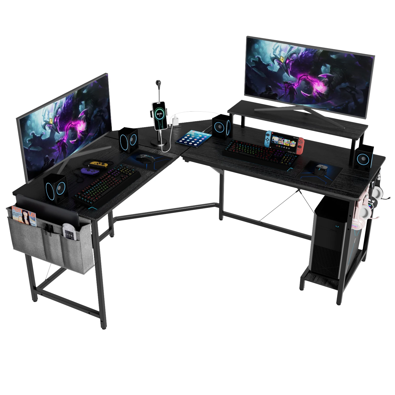 Kippbarer Gaming-Schreibtisch mit Steckdosen, L-förmiger Schreibtisch mit Aufbewahrungstasche und Haken, robust und einfach zu montieren. Image