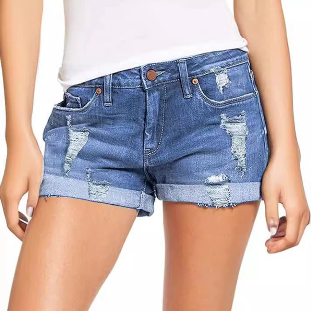 Damen Split-Jeans-Shorts Vintage Sommer Strandmode Baumwolle Sexy Gekräuselte Manschette Perforiert Elastisch Slim Fit Lässige Denim-Shorts Image