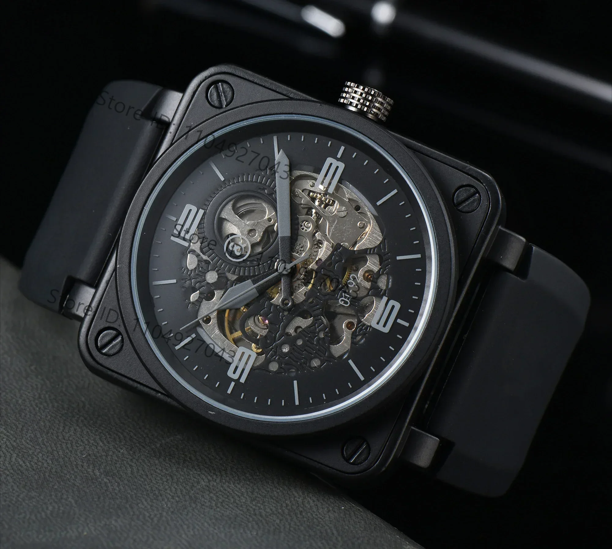 Automatische mechanische Herrenuhr Bell Brown Leather Black Ross Rubber 46mm Hollow AAA Herrenuhr mit großem Zifferblatt