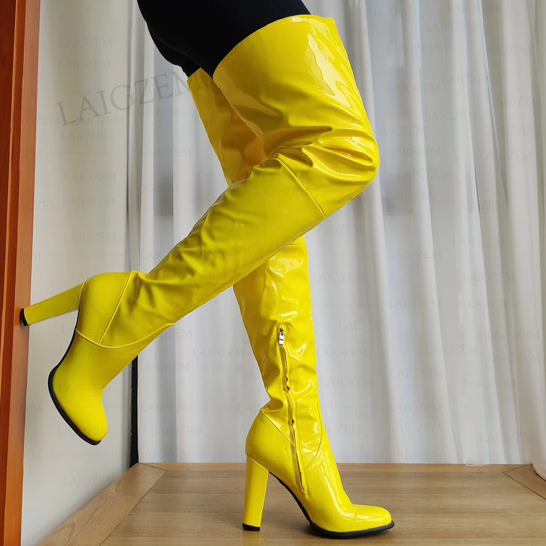 LAIGZEM Frauen Oberschenkel Hohe Stiefel Runde Kappe Glänzende Dicke High Heels Über Knie Stiefel Handgemachte Damen Schuhe Frau Große Größe 41 44 47 52