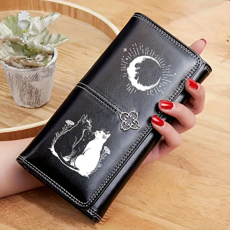 Gothic Moon Black White Cat Leder-Geldbörse, luxuriöse lange Geldbörsen für Kartenhalter, Geldbörsen mit Reißverschluss, Münzfach, Damenhandtaschen