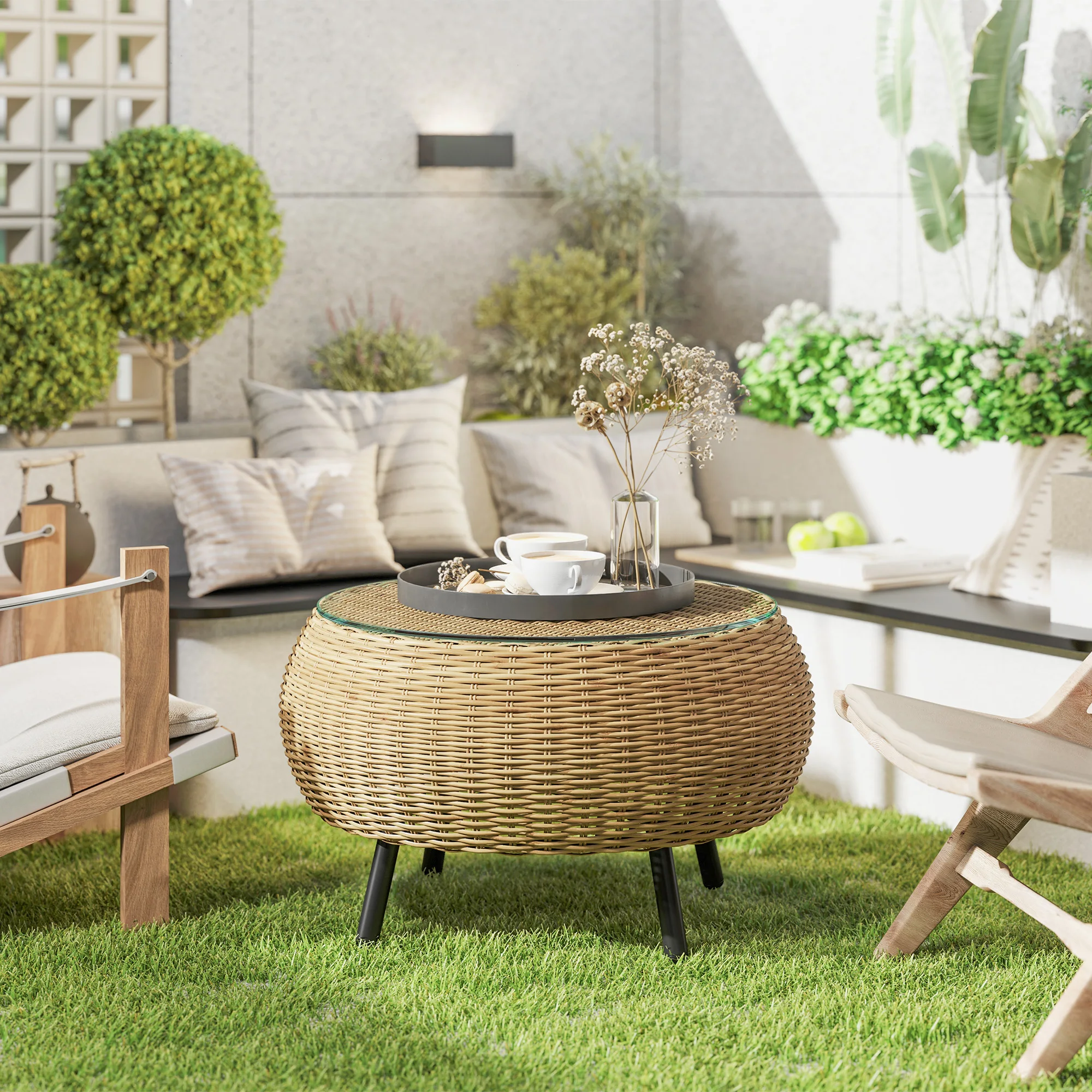 Runder Rattan-Kaffeetisch mit Glasplatte, Korbgeflecht-Beistelltisch mit 4 Beinen für Terrasse, Wohnzimmer & Balkon