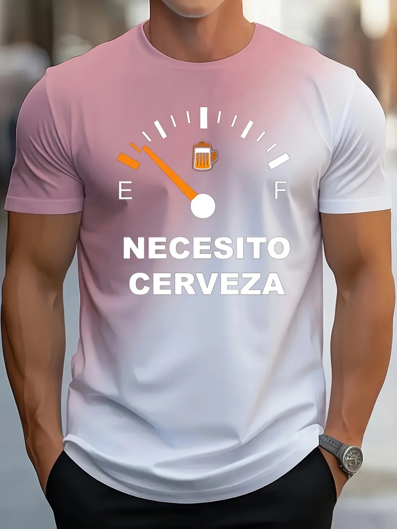 Modisches, mit Farbverlauf und Biermuster bedrucktes, lässiges Kurzarm-Rundhals-T-Shirt aus reiner Baumwolle, bequem und atmungsaktiv Image