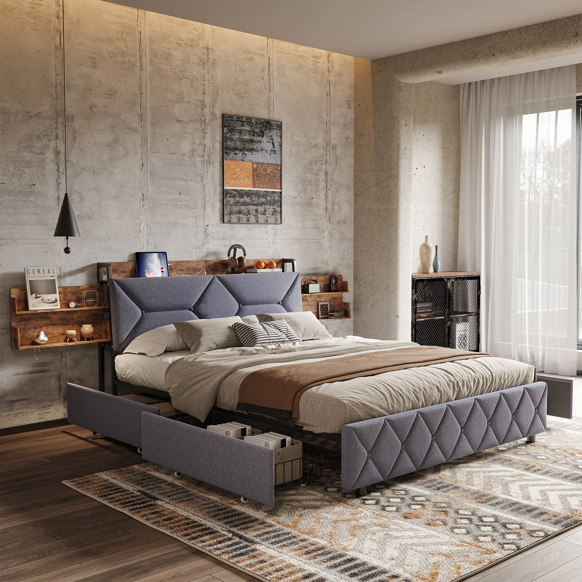 Rosahqnda Polsterbett mit LED und USB, Doppelbett mit 4 Aufbewahrungsschubladen, Polsterkopfteil mit Ablage, Bett mit Stauraum Image