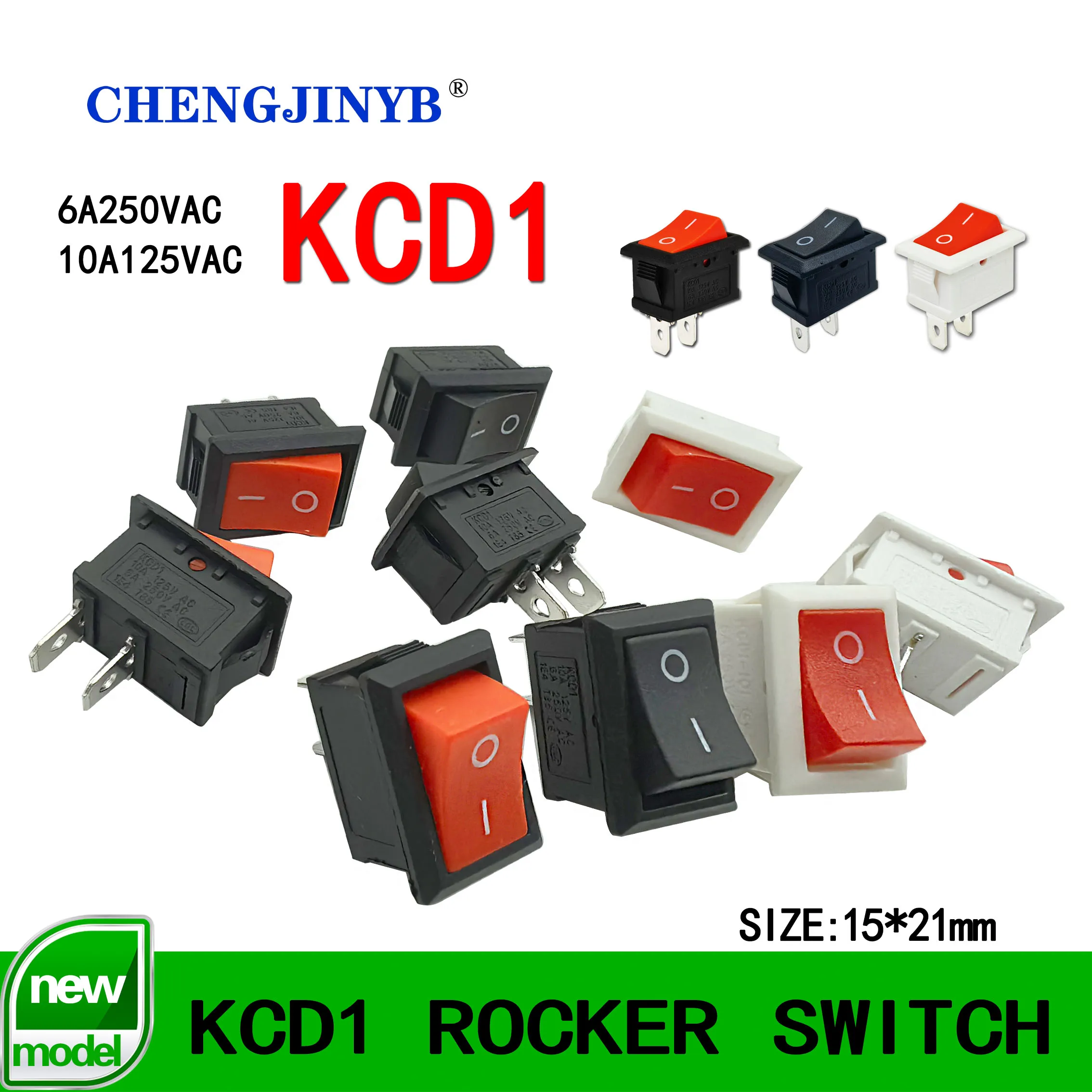 KCD1 Wippschalter Rot Schwarz Weiß Farben 5 Stück/Großhandel Geeignet für Boote und Autos 6A250V/10A125V AC 2 Pins 2 Positionen Image