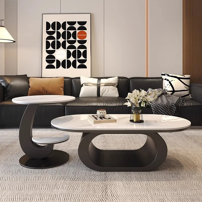 Moderner, schlichter ovaler Couchtisch aus Steinplatten für Wohnzimmer, kleine Wohnung, minimalistischer Teetisch, kreativ, speziell geformt