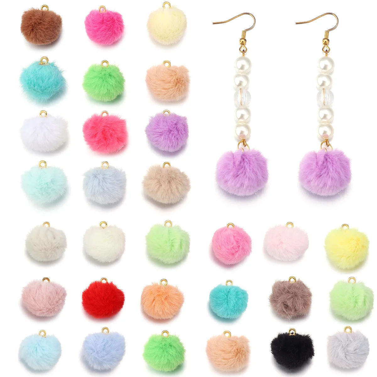 20 Stück Plüsch-Fell-Perlen-Anhänger, imitiertes Kaninchenfell, Pompon-Anhänger für die Schmuckherstellung, DIY-Halskette, Armbänder, Ohrringe Image