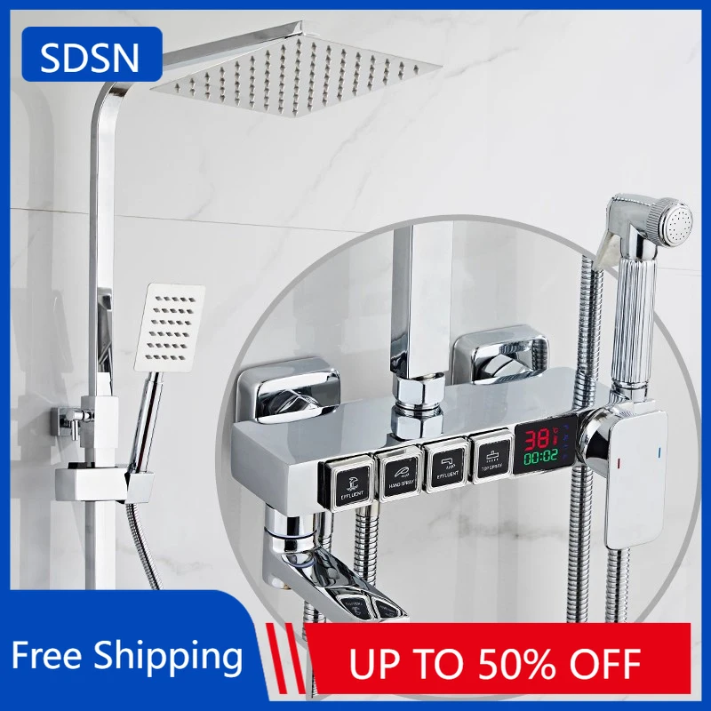 Système de douche de salle de bains numérique chromé, pomme de douche Ran en acier inoxydable de 10 pouces, robinet de salle de bains en laiton, ensemble de douche de bain thermostatique