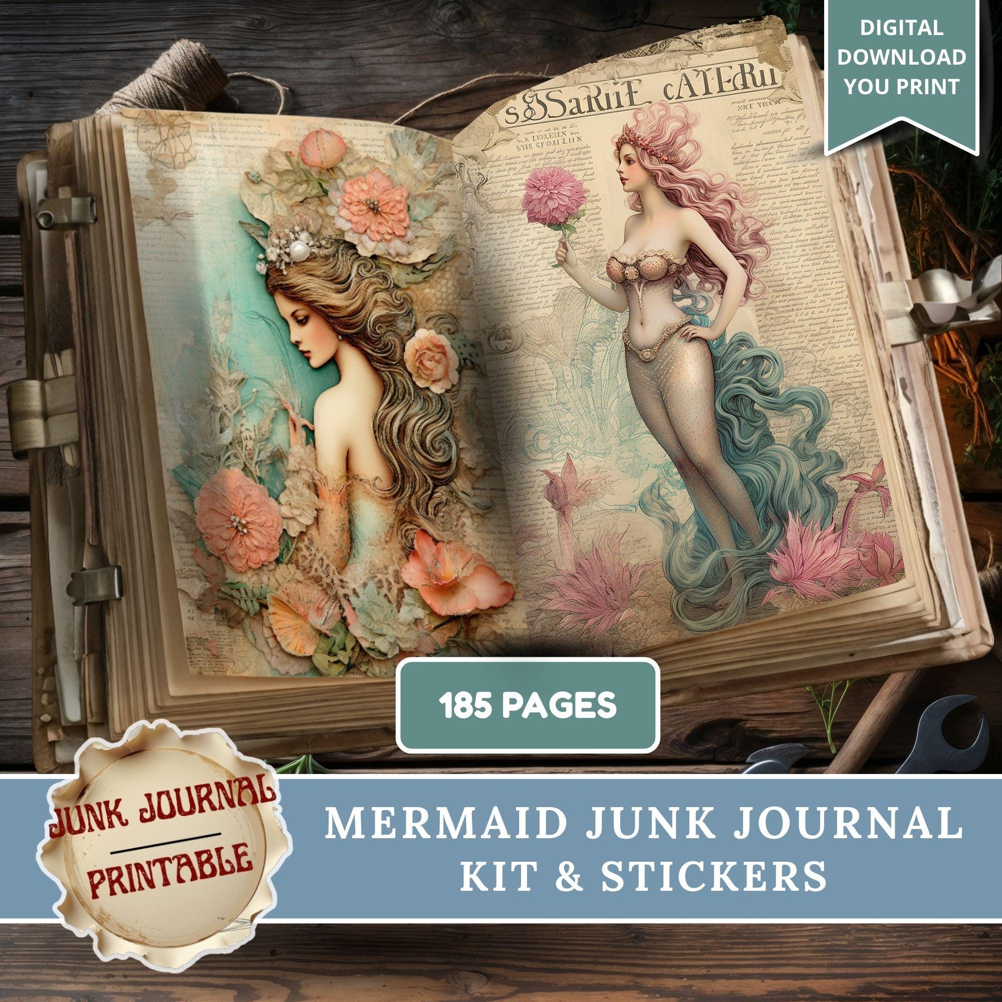 Junk Journal Mermaid, Forniture per Junk Journal, Kit per Junk Journal, Pagine per sirene, Kit per Junk Journal con sirene, Ephemera per sirene, Adesi