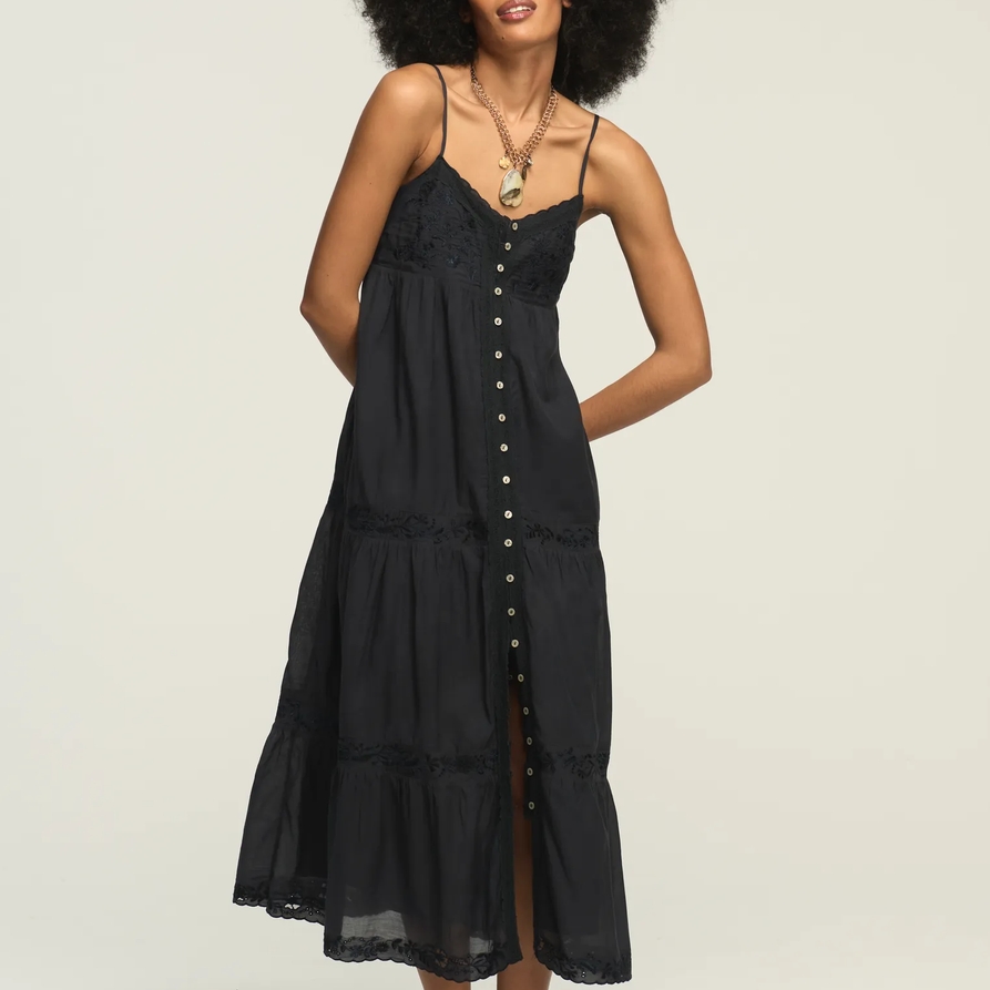 Lucky Brand Embroidered Tiered Button Through Midi Dress - Women's Clothing Dresses Shirt Midi Dress in India Ink, Size XL