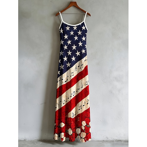 Amerikanischer Unabhängigkeitstag Damen Langes Kleid Maxikleid Unterkleid Figurbetontes Kleid Urlaub Lässig Strand Kalter Schulter-Ärmel Ferien Normale Passform Grafik Flagge Ärmellos Träger Image