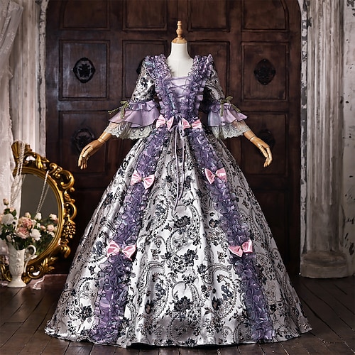 Rokoko Barock Ballkleid Bodenlang Kleid Ballkleid langarm Prinzessin Braut Schleife Blumen Ballkleid V Ausschnitt Kostüm Damen königlich Halloween Karneval Maskerade Abschlussball Teegesellschaft Image