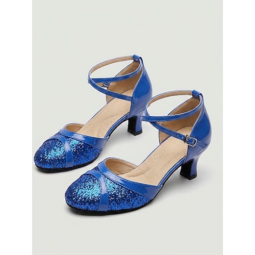 Blaue Damen-Balletttanzschuhe – Glitzer, geschlossene Zehenpartie, Latein Standard-Tanzschuhe mit Knöchelriemen Image