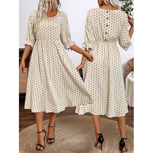 Damen Midikleid A Linie Kleid Sommerkleid Urlaub Lässig Täglich Date Normale Passform Grafik Tupfen Halbarm Rundhalsausschnitt Beige Sommer Frühling Image