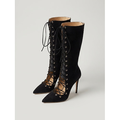 Schwarze, kniehohe Schnürstiefel für Damen – spitze Stiletto-Stiefel mit hohem Absatz für Nachtleben, Partys und Clubs Streetwear-Mode Image